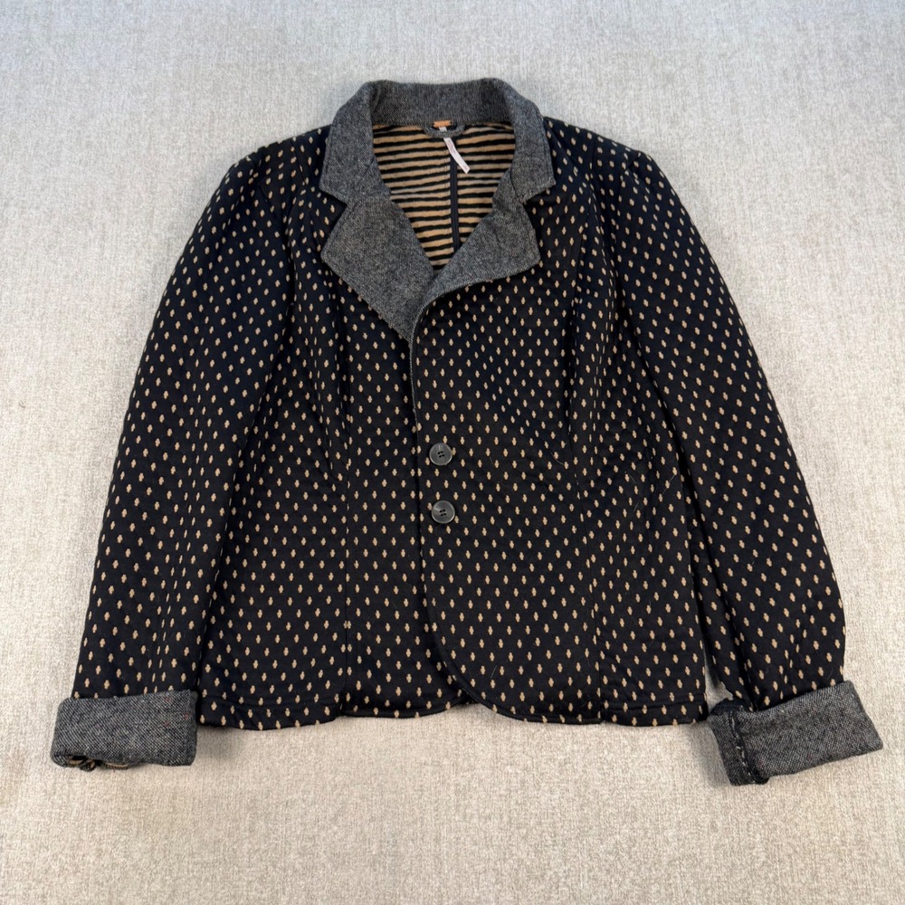 Free People Knit Blazer Women L Black Tan Diamond Pattern Herringbone Trim